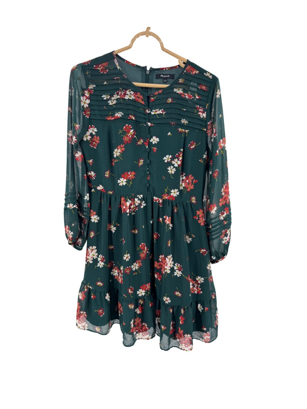 Madewell Forest Green Floral sheer Long-Sleeve Dress Pintuck 4 fall casual